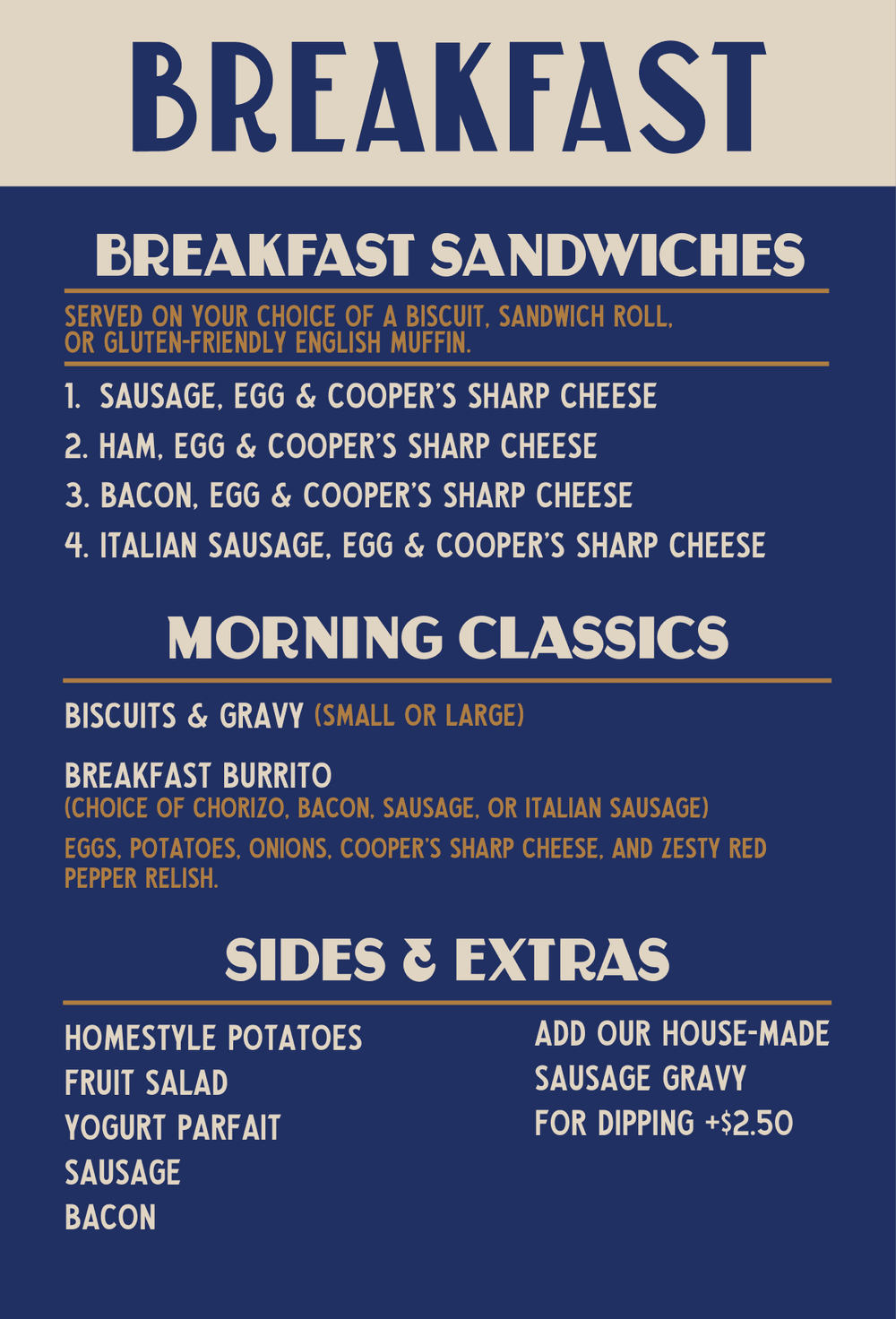 Tilly's breakfast menu card: breakfast sandwiches, morning classics, sides and extras