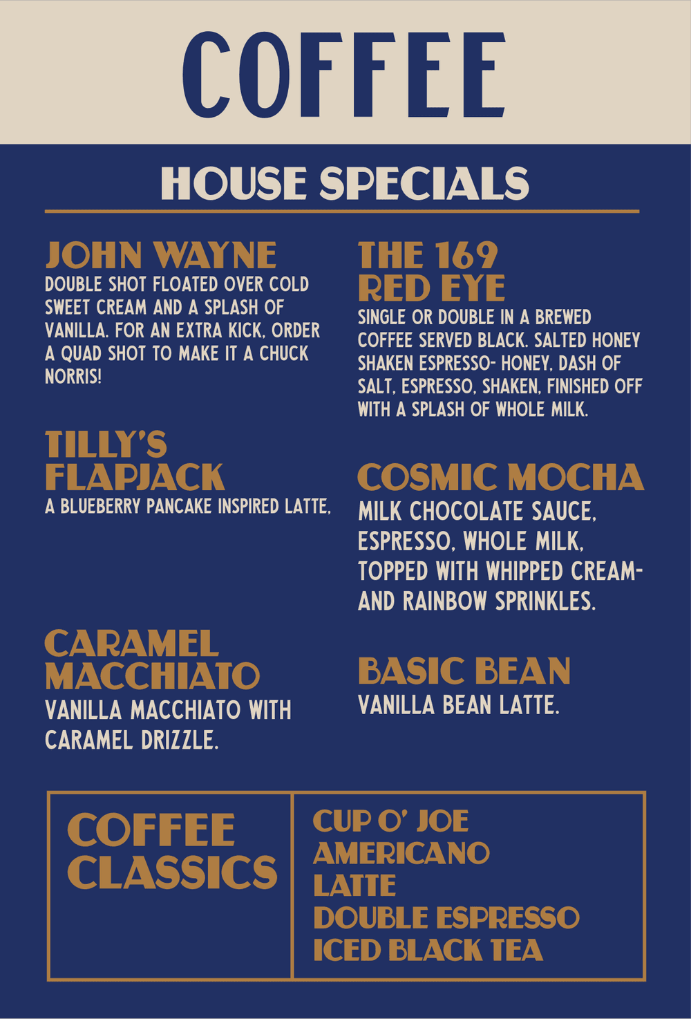 Tilly's coffee menu card: house special lattes and coffee classics